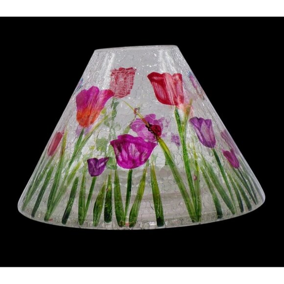 Yankee Candle Tulips Butterflies Ladybugs Crackle Glass Handpainted Topper Shade - Picture 3 of 5